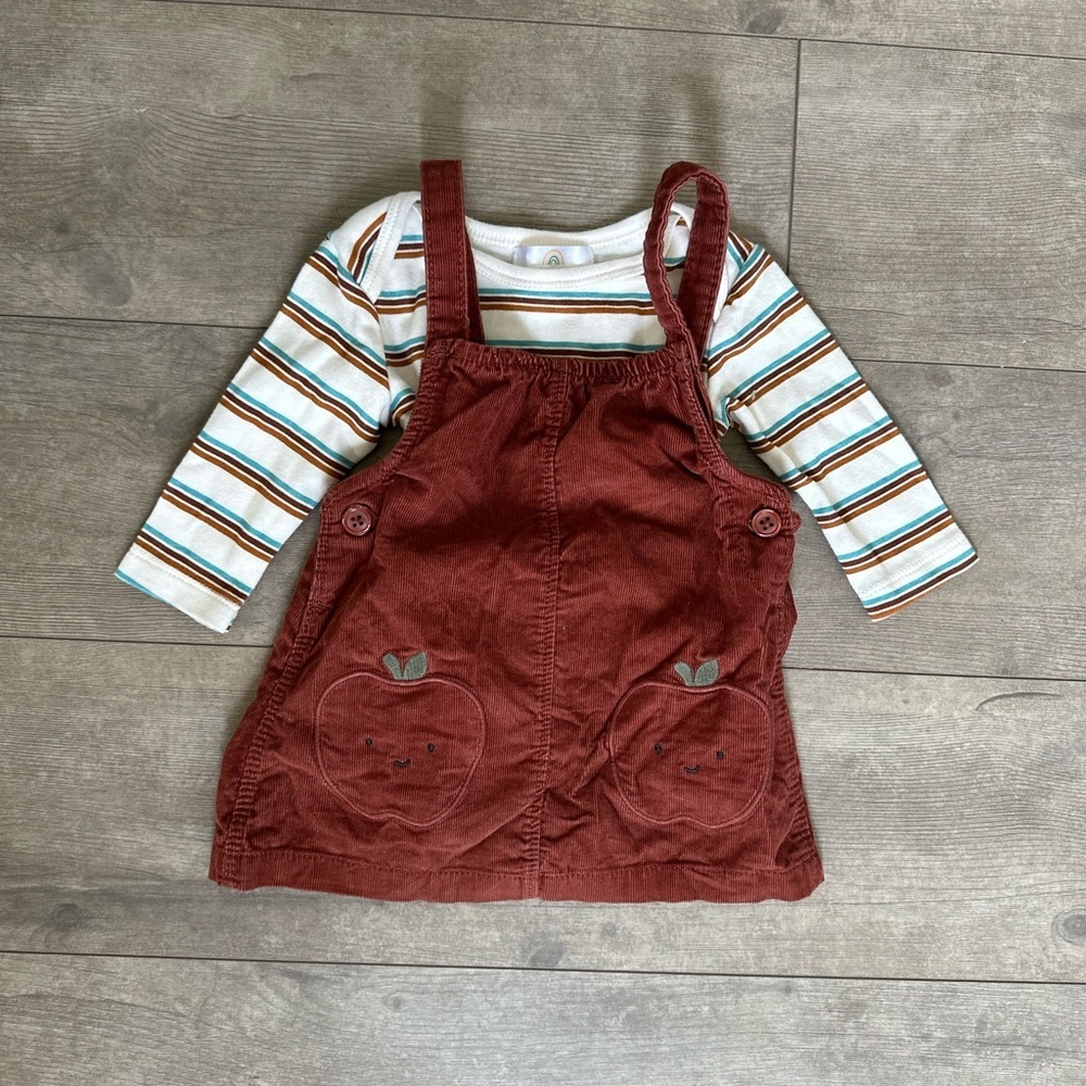 ADORABLE Rustic Corduroy Overalls Dress & Striped Long Sleeve Baby Girl 3-6M